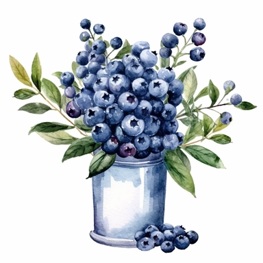 one blueberry bouquet watercolor clipart on a white background, paper crafting, clipart, in the style of pictorial fabrics, celebration of rural life, allover composition, repeating pattern, kitchen still life, opulent fabrics, goosepunk, no watermark, text, 300 DPI , typography, shapes do not stick together, no text in the picture, on a white background