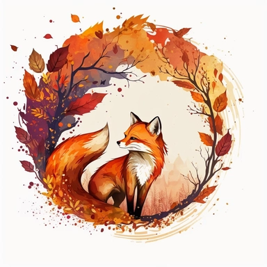 make a clipart Playful fox, vibrant autumn foliage, curled tail, expressive eyes, warm orange and red tones, watercolor texture, splashes of color, loose brushstrokes like Emma Block, loose and free-flowing style