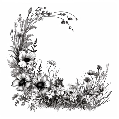 modern, minimalistic set of wildflowers in the shape of one giant L shape corner of the image frame, in the style of hand-drawing black and white on a clean white background, wedding clipart flowers
