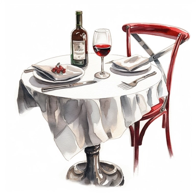 watercolor, hyper realistic, white background, white margins, 16k, ultra detailed clipart, cut out image, hand-drawn illustration style for picture books a bistro table setting with warm red accents, featuring a cloth napkin, a wine glass, and silverware, disney style