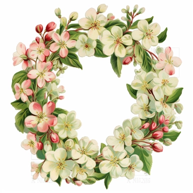 Vintage 1920 Apple Blossom Oval Floral Wreath Illustration, Chromolithograph, Die Cut, 1920s Illustration, Vintage, Chromolithograph, Colorful, Antique, Ephemera, Clipart, 8k, Isolated on white