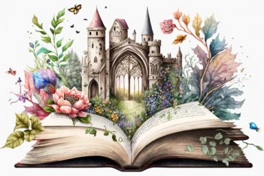 Watercolor Fantasy Books Clipart, Open Book Clip Art, old books, Magic Books, hd, on white background, no text, magical, flowers, castle, house