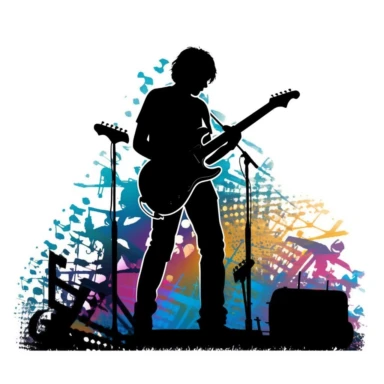 Music notes and instruments, a teenager playing hardrock, silhouette, on stage, vector style graphic, cool vibe, clipart, single design, white background