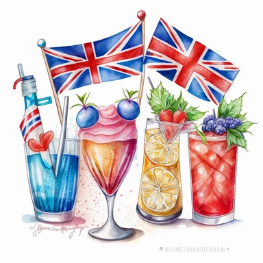 5 colourful vibrant summer british cocktail drinks, red an blue birthday balloons, an extra large gold king crown, waving union jack flags, symbolic icons, buntings, detailed pencil watercolor illustration clipart pure white background #FFFFF