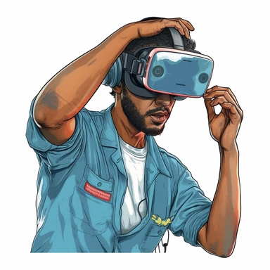 clipart image on white background, mechanic trainee using a VR headset