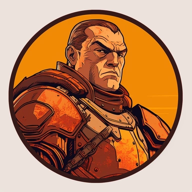 A Dungeons & Dragons character portrait circular tondo depicting a desert knight, Butcher Billy Josh Kirby, Mad Max Lord of the Rings Discworld, handpainted retrowave, clipart illustration, circular solid background circular border