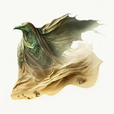 clipart. a green transparent fabric transforms into a beautiful bird flying over the dark-sand desert. gothic ancient fantasy style. beige-golden-green watercolours. cinematic shot in the style of Dune movie. white background.