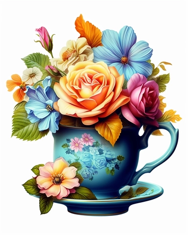 Vintage Flowers Tea Cup and Pot 3d sublimation Clipart, blue-green cup, shine a little, colorful Flower, Retro Flower, Rainbow Color, highly detailed, white background 8k