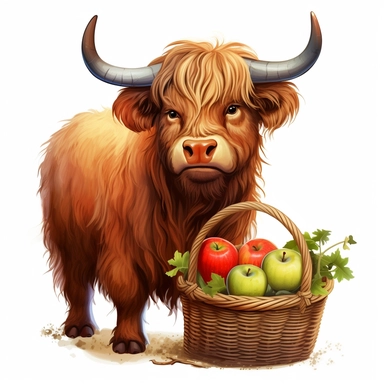 Highland cow with a basket of freshly-picked apples, full body, clip art, detailed, cute, bold, bright, colorful, vector art, clean, neat, white background
