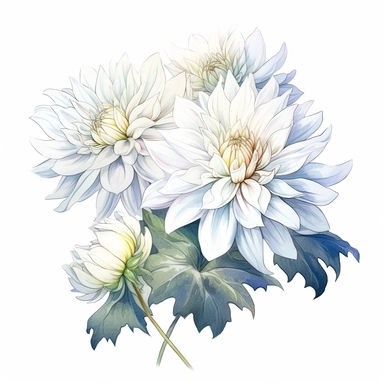 Watercolor snow clean white dahlia clipart on a white background in the style of feminine sticker art, Tanya Shatseva, storybook illustration, pure and pristine shades, Georgia O'Keeffe, flower and nature motifs, colored line art, colored outlines, cottagecore design, watercolor on white background, ombre, warm tones, colored line art, colored outlines, iridescent ombre, gradient shading, winter snow tone, vibrant digital art oil paint photorealism, an illustration of a colored flower, meticulou