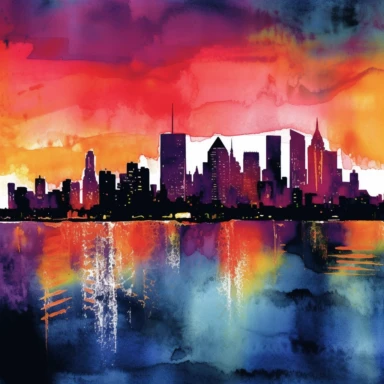 watercolor, clipart, image of the New York Skyline at night AR 3:2