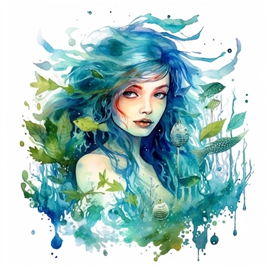 watercolor elf mermaid pretty woman with long hair surrounded by water and fish in the style of magical realism, water bubbles, seaweed, high detailed clipart illustration, white background, underwater lighting, colorful pallete