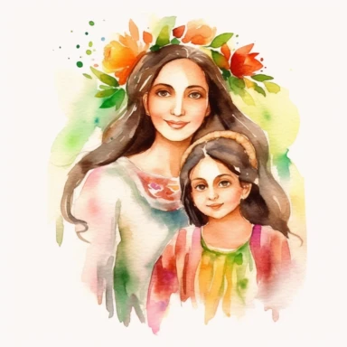Watercolour illustration, A beautifu mexican Mom and Me Watercolor, Clipart, High Res, Mother's Day, Mother's Love, waterpaint, fresh colors, happy, white backgroundm, simplified Art Nouveau, walking, enchanted forest, front to camera, version 4 style, high detailed, sharp