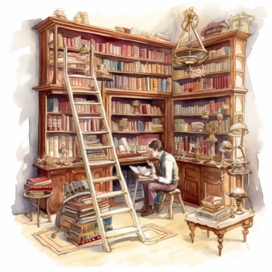 watercolor, hyper realistic, white background, white margins, 16k, ultra detailed clipart, cut out image, hand-drawn, whimsical a Victorian person writing a letter with a quill pen in a Victorian-style library, surrounded by bookshelves and a ladder, with a color scheme of burgundy and warm beige.