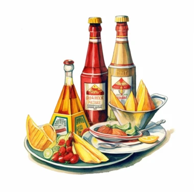 watercolor and ink styling, retro futuristic space age ketchup and mustard bottles, clipart on plain white background, 50s vibes, super high detail ultra precision 16k HD, clean crisp brushwork, painted by Beatrix Potter