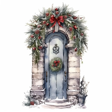 watercolor style, christmas door decorated with a circular christmas wreath, clipart, isolated on white background, 4K