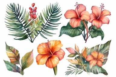Set tropical bouquets of hibiscus rose, frangipani and greenery of monstera palm leaf and palm fronds, exotic clipart hand drawn watercolor painting of natural leaves and flowers isolated on white.