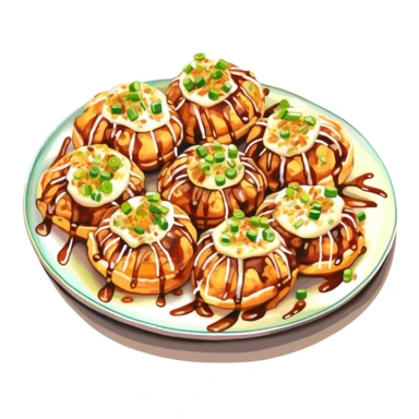 a plate of golden-brown takoyaki balls clipart topped with takoyaki sauce, mayonnaise, bonito flakes, and green onions, white background vibrant watercolour, hight detail, 32K, HD