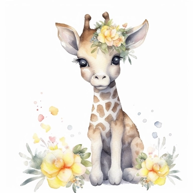 baby giraffe nursery full body watercolor style with gifts clipart, happy, with floral crown on head, Disney style,