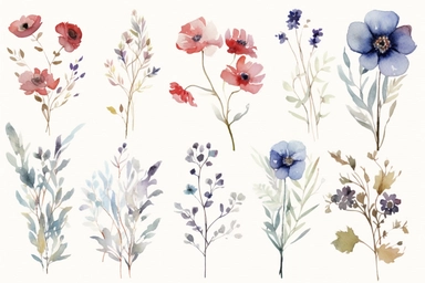 enchanted RED AND BLUE flowers ARRANGMENTS, WATERCOLOR HAND PAINTED clipart, WATERCOLOR AIRY PASTEL COLORS, VISIBLE WATERCOLOR BRUSH TOUCHES, WATERCOLOR SPLASHESD, DREAMY AND ELEGANT, COLORFUL DREAMY FLOWERS, white background, WATERCOLOR 8k,
