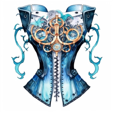 Watercolor Steampunk Corset, steampunk, intense colors, luxurious, victorian, clipart, watercolor, sky blue watercolor, white background