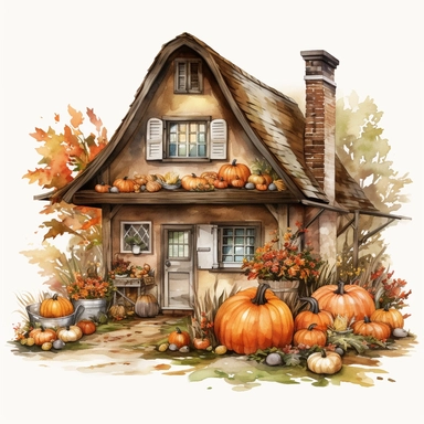Hand drawn, Thanksgiving themed , a rustic house decorate with thanksgiving elements, watercolor clipart, single object, high definition 8k, single object, png, transparent, 4K, white background for removing background