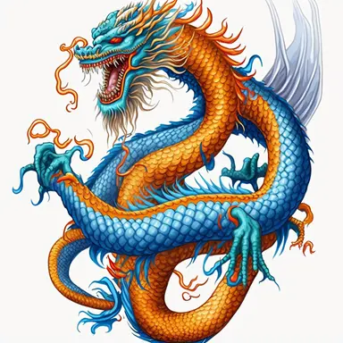 style of clipart, blue flying traditional chinese dragon with orange beard, snake, full body, total