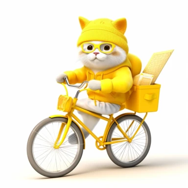 Create a clipart of a cute cat in a yellow mail delieveryman costume with black sunglasses riding a bicycle with a trail of letters following behind. Low detail. White background, soft lighting. In the style of Bob Ross