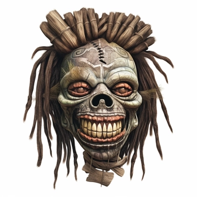 a voodoo shrunken head with mouth and eyes stitched shut, calm expression, dark shrivelled skin, pastel, photorealistic, hyper realistic, ultra high-detail, dark outlines, white background, clipart,