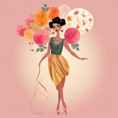 full body, modest, hispanic/latina woman, goddess like, with rich complexion and distinctive facial features, where elegance, radiant, positive energy and blissful facial expression in theme of 1960s botanical vintage flower Ballon Flower ,clipart