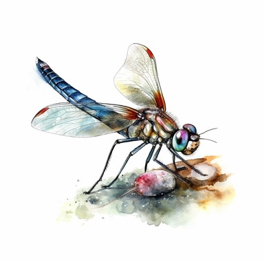 dragon fly eating another small bug clipart watercolor, white background
