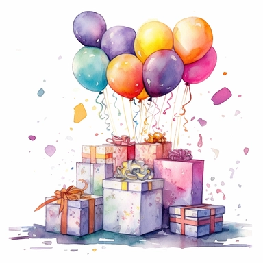 gift, cake and balloon watercolor clip art, in the style of dau al set, expressionistic color explosions, dadaist mixed-media art, mikalojus konstantinas ciurlionis, lisa frank, luminous palette, joyful chaos