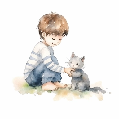 watercolor minimal hand draw doodle cat play with boy children cartoon illustration clipart sublimation, white background for removing background