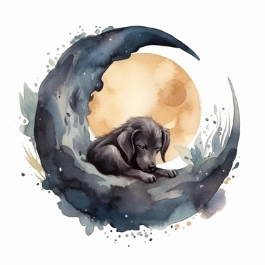 a crescent moon with a sleepingpuppy in the hook of the moon, head on the ground, dreamy feel, fantasy feel, watercolor, Illustration clipart, 4K, detailed