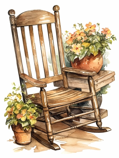watercolor, vintage, country, wood rocking chair with beautifully carved arm rests and flower pots next to it, on white background, clip art
