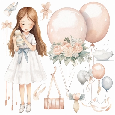 First communion illustrations clip art set, watercolor, white background, simple, soft colors, cartoon elements girl, boy, holy cross, white doves, tulips, peonies, eucalyptus branches, wooden rosary beads, powder pink flowers, girl on the day of her first communion with white balloons on a wooden bench