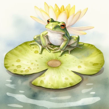 watercolor painting on textured paper realism of a frog on Lilly pad white background clipart