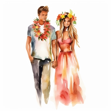 Watercolor wedding clipart of a bride in a beach wedding dress with a flower crown and a groom in a Hawaiian shirt