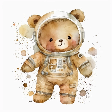 a cute beige teddy bear wearing astronaut suit, watercolor clipart with no background