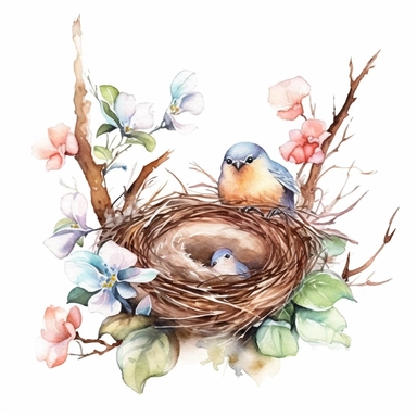 handprinted Watercolor tree and Bird Nests Clipart, flowers, and leaves, 3 eggs on the nest, and the bird sitting beside the nest. mother bird sitting beside of nest.