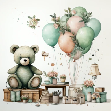 watercolour, baby theme, clipart, soft and muted pastel nuances, white background