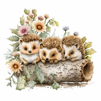 cute watercolor highly detailed floral baby hedgehogs sitting together on a long log with baby deer behind them clipart, white background, no watermark