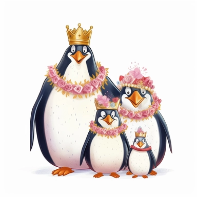 a fairy cute Royal Penguin Family clipart , the parents and two kids wearing the coronation robe and crowns and smilling and happy , white background