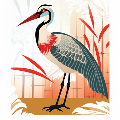 japanes bird cane creek, cartoonish design, 2D illustration, clipart