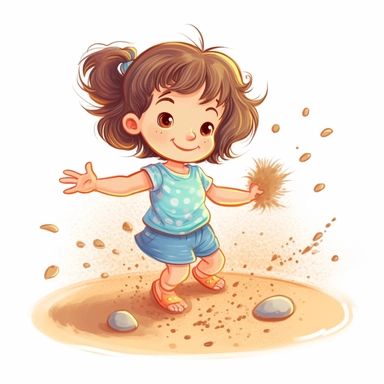 cute baby girl throwing sand at the beach, summer time clipart