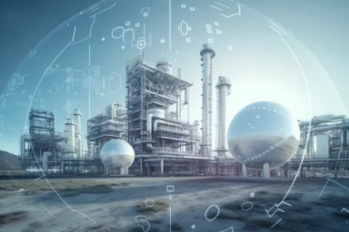 aerial view image of technical experience and creativity with a petrochemical plant , workers with hard hats and a utility pickup truck in the background , clear and clean sky without clouds, clipart with dominant blues, with a floating semi-transparent world globe in the foreground, and some forest with some binary 0 and 1 data as in the movie Matrix,realistic, octane render