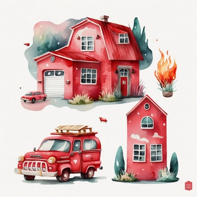 watercolor clipart of a cute red fire station , different lateral standing poses, cute cartoon vehicle, pastel