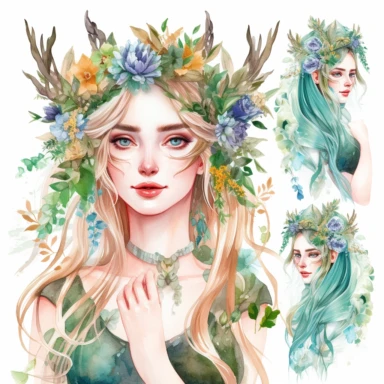 watercolour clipart of beautiful high elven princess, detailed character illustrations, fantasy illustration, elven jewellry, elven ears, multilayered realism, goblincore, delicate flowers, forest greenery, enchanted, pretty, majestic, magical, detailed, face only, different poses, UHD, 8K, 3D, solid white background