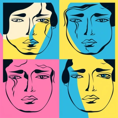face illustration cartoon portraits face line illustration human face clipart silhouette, in the style of pink and azure, pop art style, handsome, light yellow and light navy, vibrant figurative expressionism