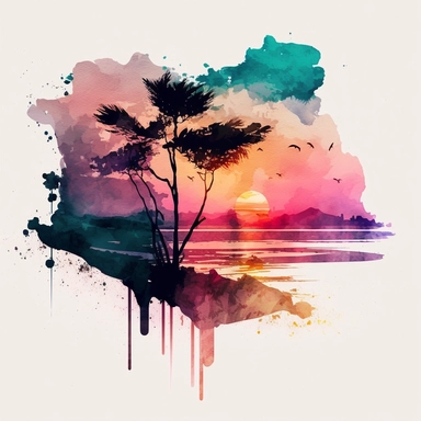 watercolored ,sunset , clipart , beach , sunset , beautiful view , faded , verve color scheme